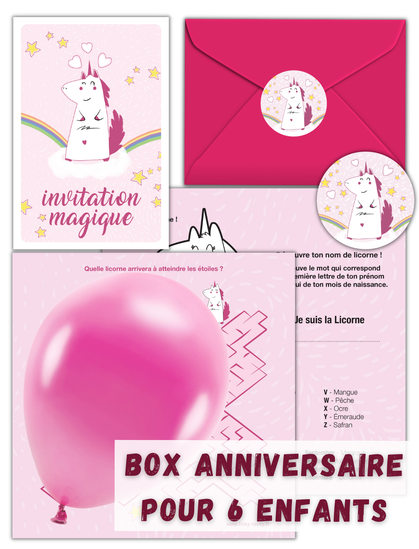 Box anniversaire Licorne | Invitations, cadeaux invités, pochettes surprises et jeux inclus | 5 à 10 ans