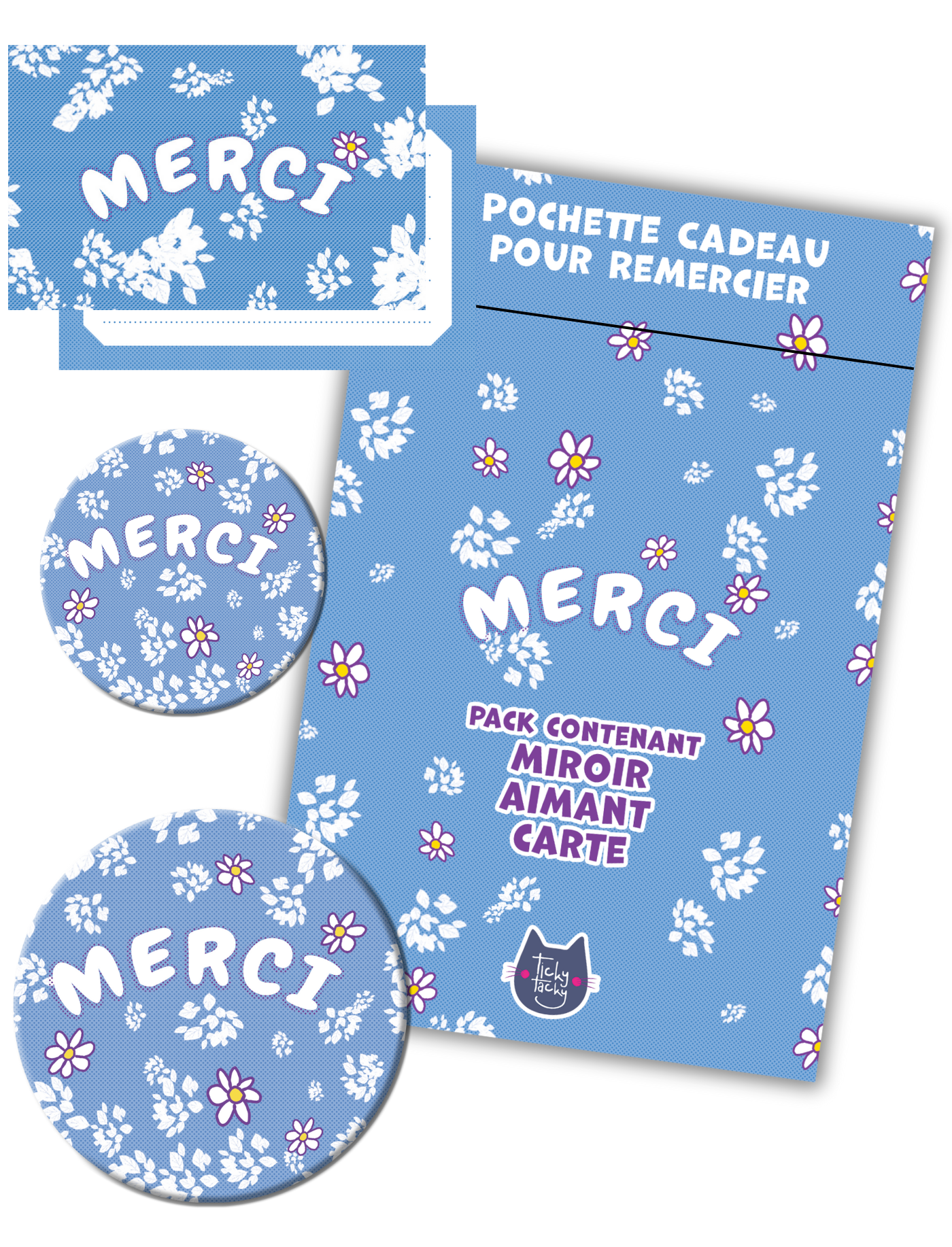 Kit Cadeau Merci Fleurs | Pack Carte + Miroir + Aimant Version Fleurs | Cadeau pour la maîtresse, la nounou…