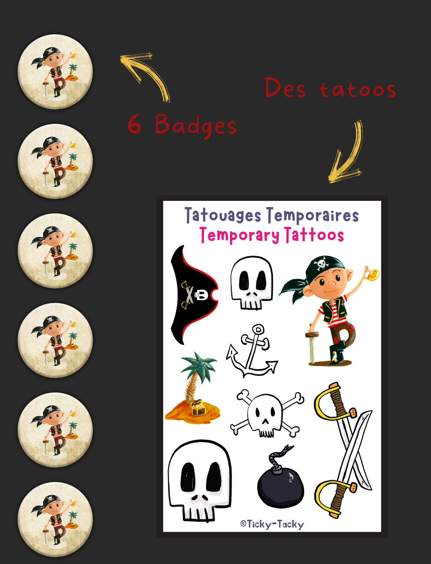 6 badges pour enfants  Anniversaire thème Pirate - Anniversaire/Badges à  thèmes - TICKY-TACKY