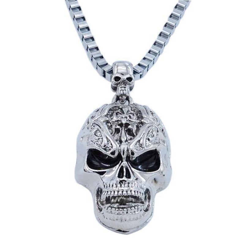 Collier-R-tro-Hip-hop-en-M-tal-avec-Pendentif-T-te-de-Mort-Ras-du