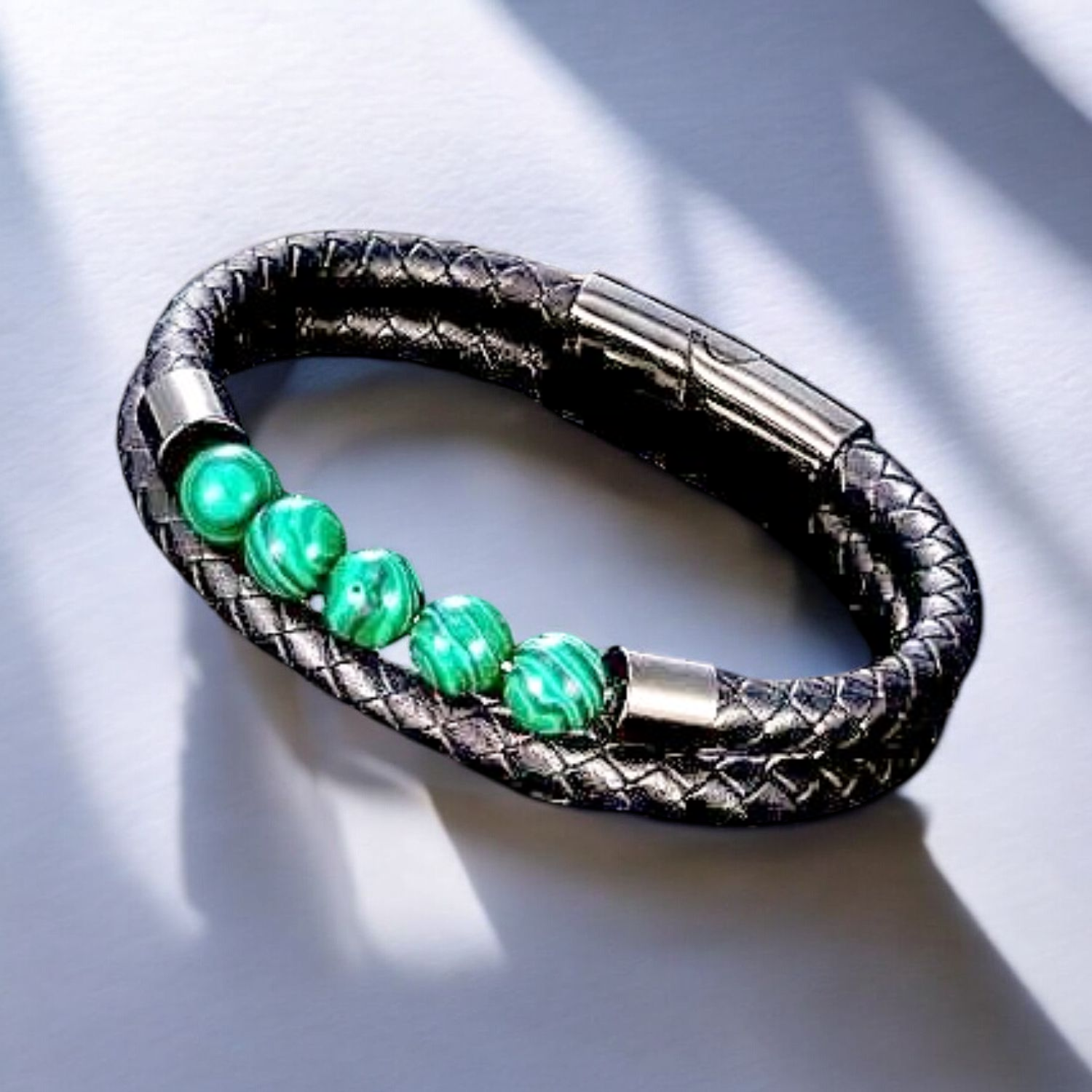 Bracelet Cuir et Pierre Malachite