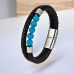 Bracelet Cuir Noir et Perles Œil de Tigre