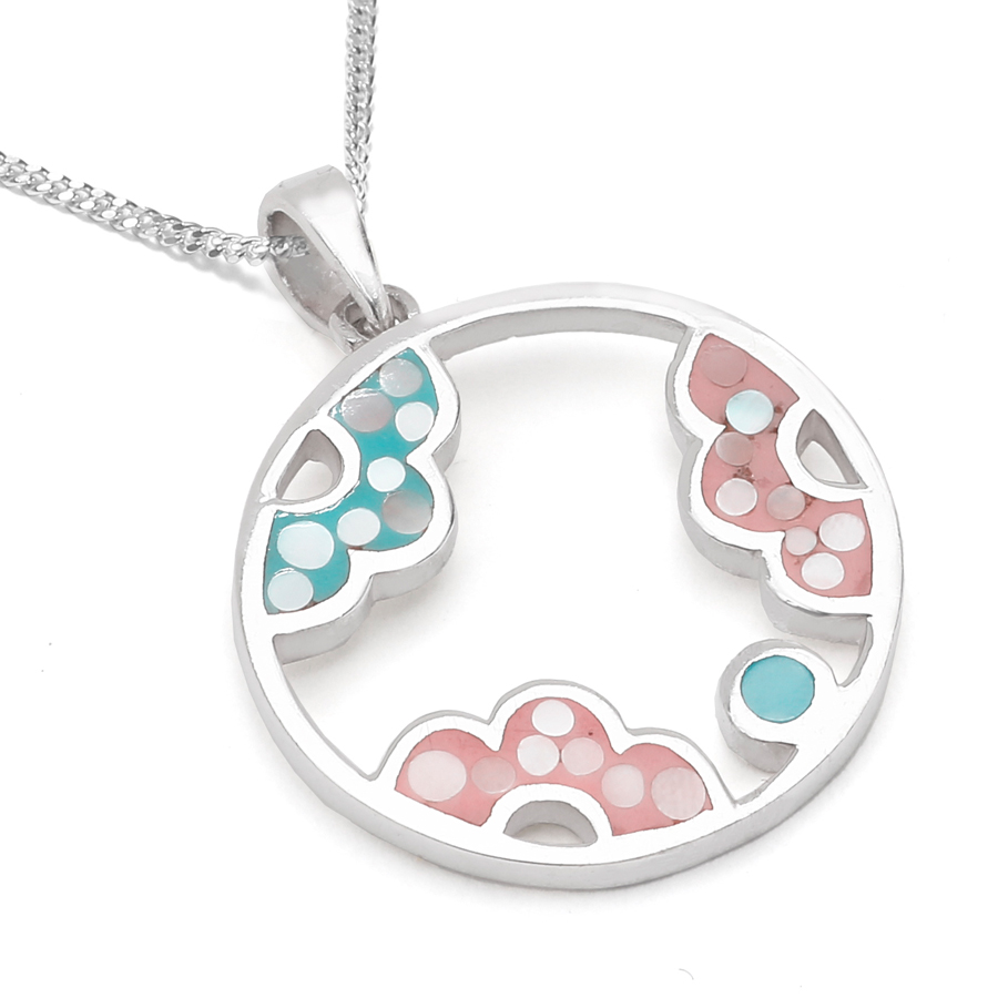 Pendentif rond fleur rose et bleu - Spring