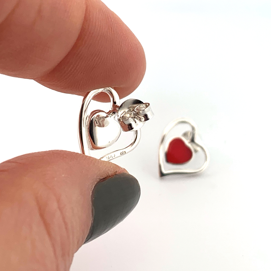 boucles oreilles puces argent coeur rouge