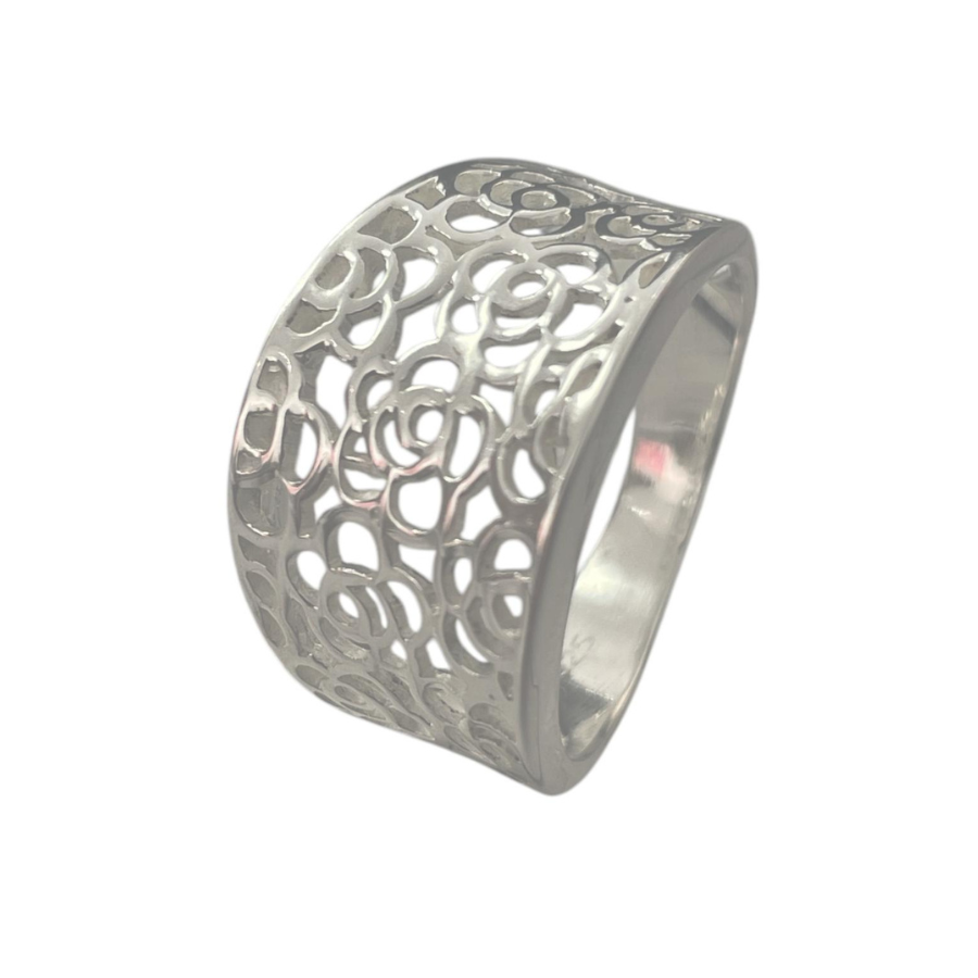 Bague large motif floral argent