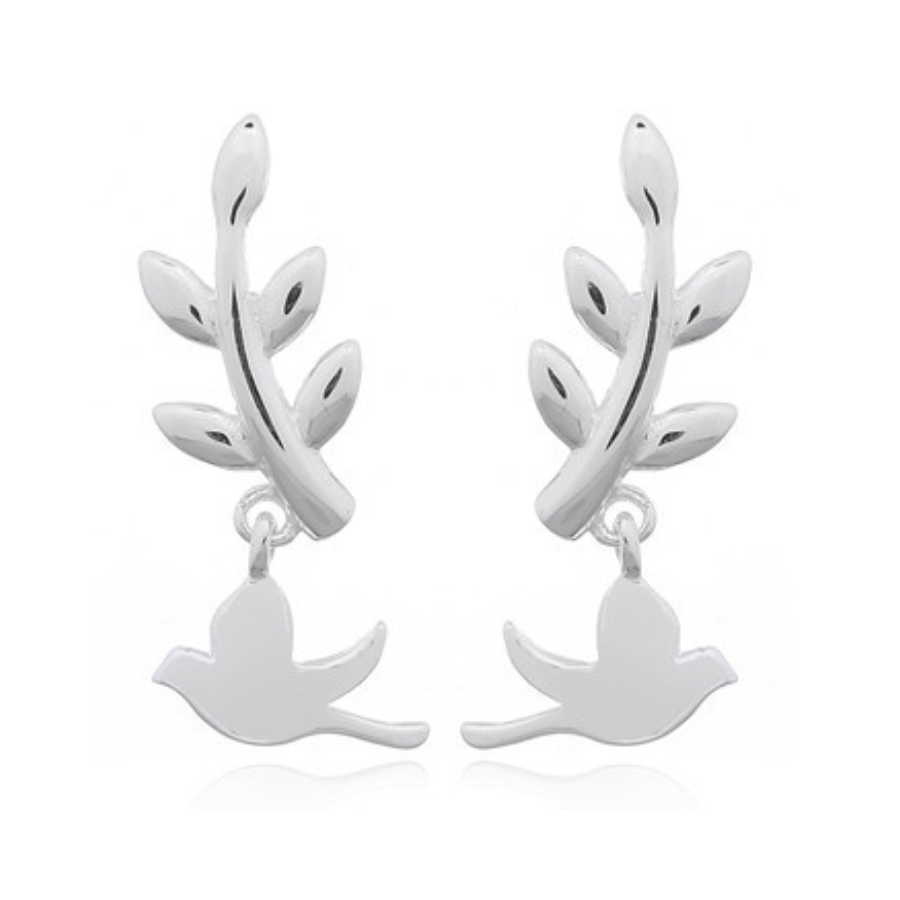 Boucles d\'oreilles pendantes feuille d\'olivier et oiseau colombe en argent - BIRD