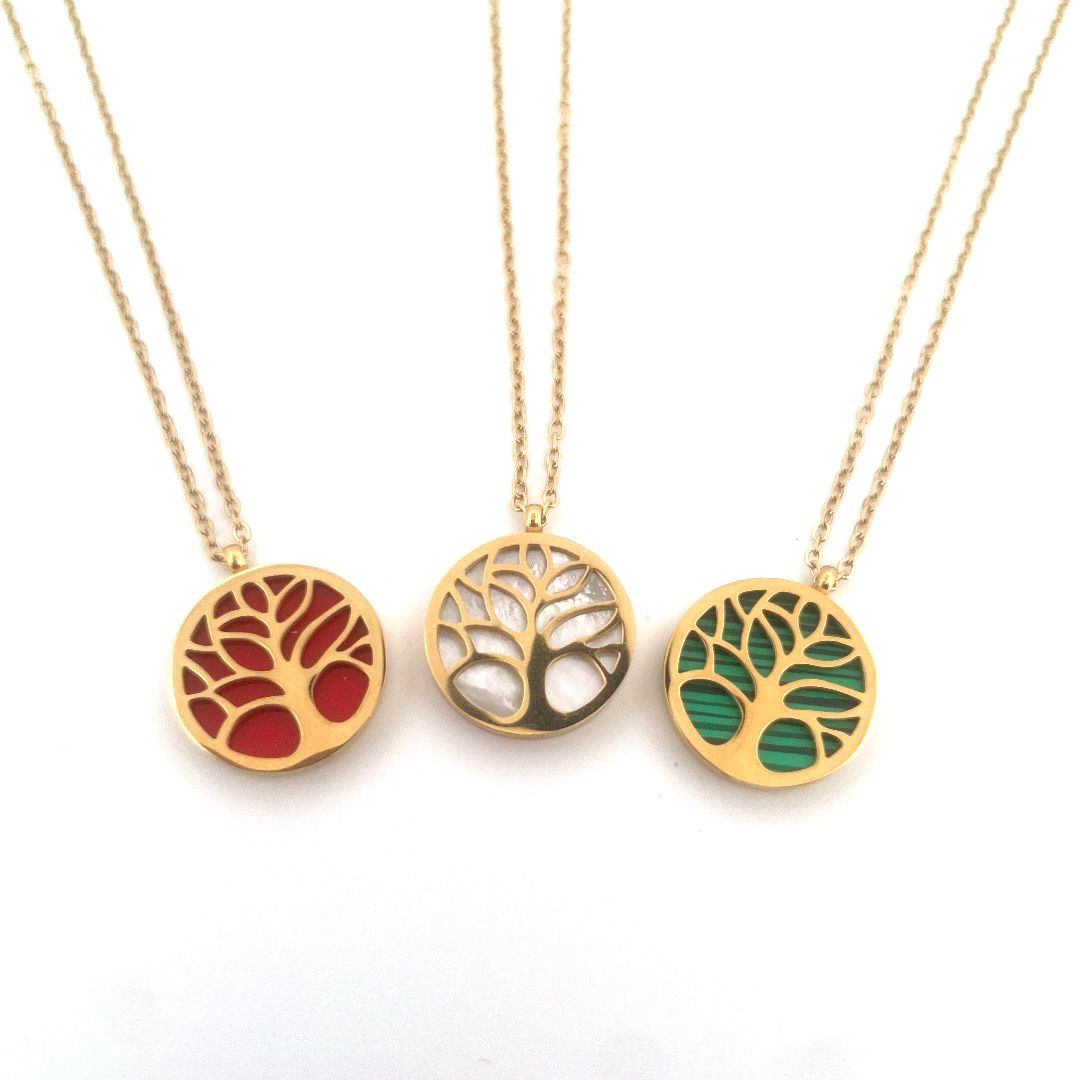 Collier acier 316L arbre de vie doré nacre résine colorée