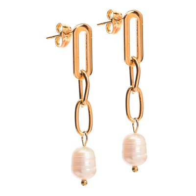 Boucles d'oreilles maille et perle culture acier doré PERLE