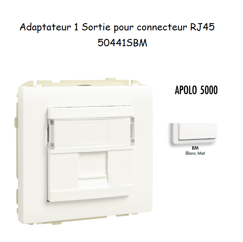 Adaptateur avec 1 module 1 sortie pour connecteur RJ45 Apolo 50441SBM Blanc MAT