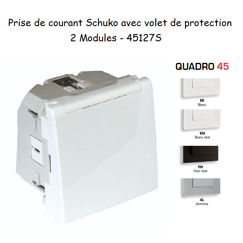Prise de courant Schuko droite 90° 2 modules Quadro 45127S
