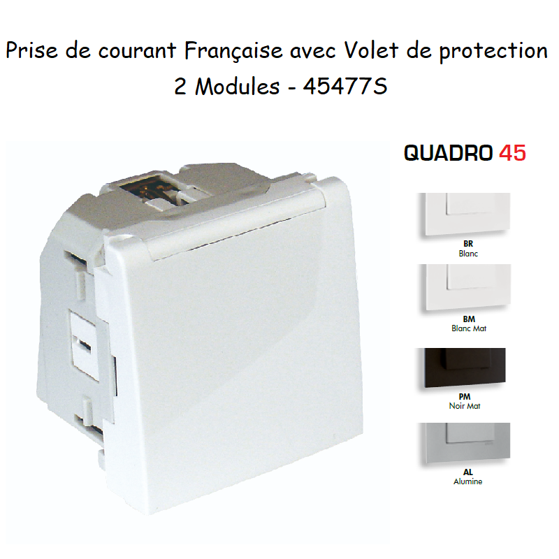 Prise de courant française avec volet droite 90° 2 modules Quadro 45477S