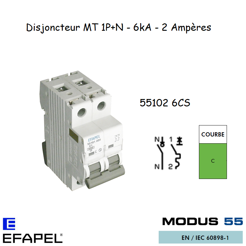 Disjoncteur Magnétothermique Super 1P+N 2A 55102 6CS