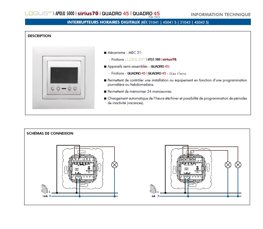 Mécanisme interrupteur digital horaire 1 circuit mec 21041- Schéma