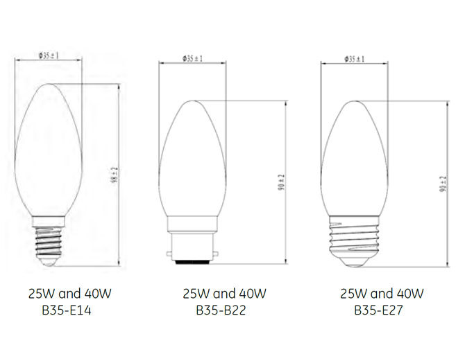 Dimensions lampe LED Flamme de GE-lighting