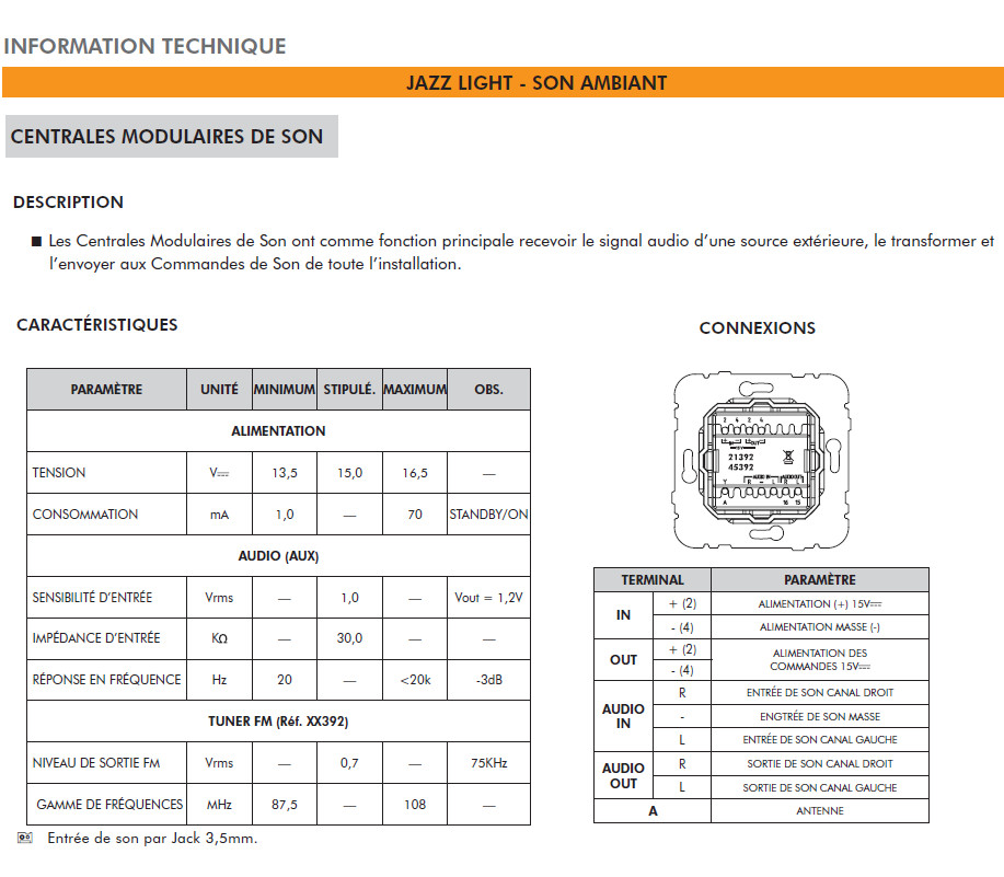 Centrale modulaire 1 Canal Stéréo avec ou sans FM mec21 - Jazz 21392 21391 45392 45391