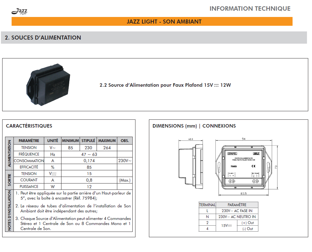 Source dalimentation pour FAUX PLAFOND DIN - Jazz 75053