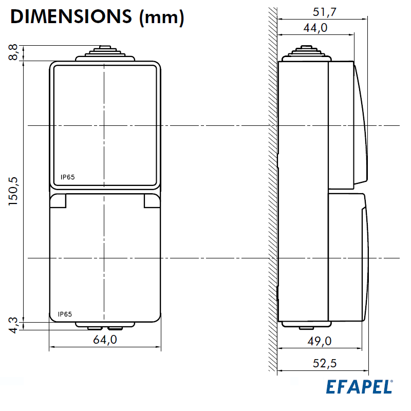 Prise double de courant Française verticale Etanche 48 EFAPEL 48867CCZ Dimensions
