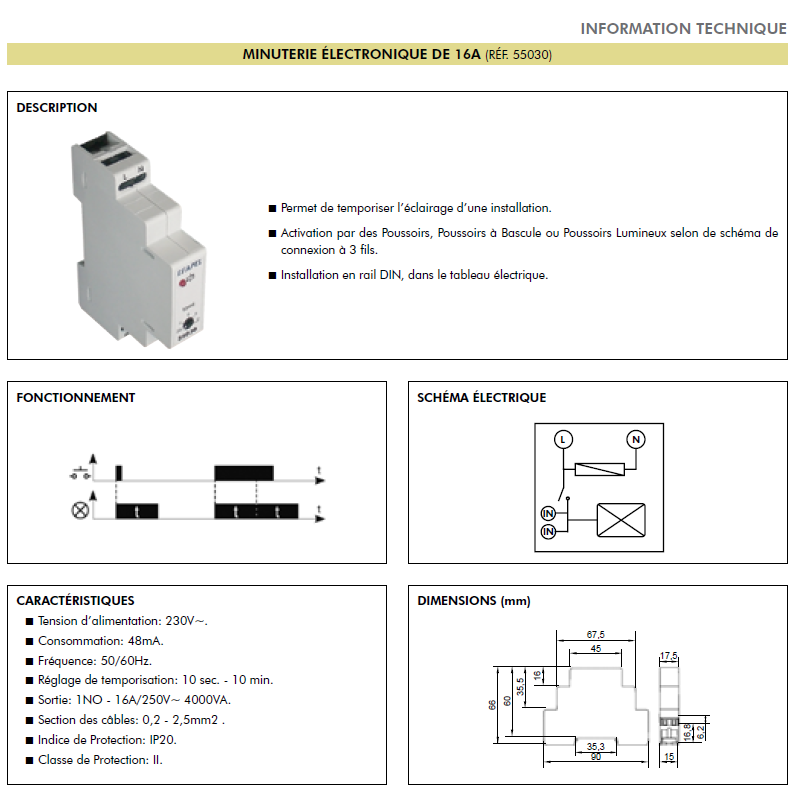 Minuterie éléctronique 16A 55030 info techniques