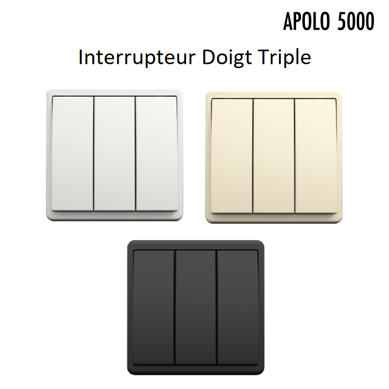 InterrupteurTriple Blanc Ivoire ou Noir Apolo 5000