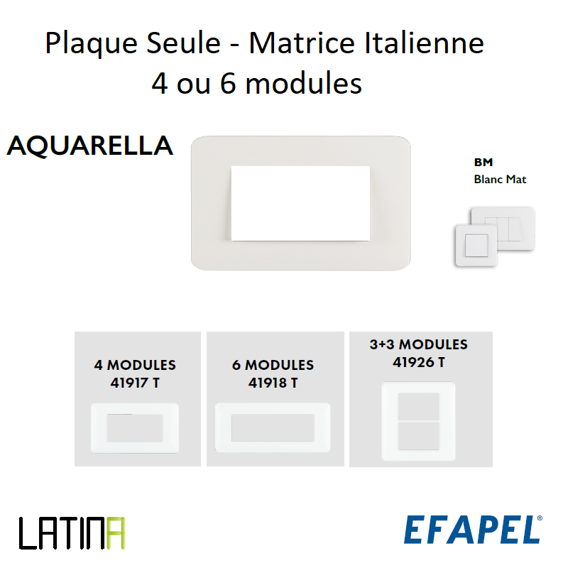 Plaque aquarella matrice italienne 4 ou 6 modules 41917TBM 42918TBM 42926TBM blanc MAT