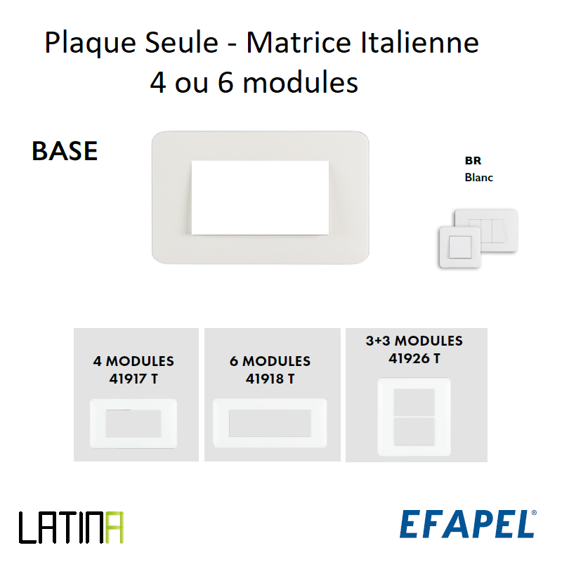 Plaque base matrice italienne 4 ou 6 modules 41917TBR 42918TBR 42926TBR blanc
