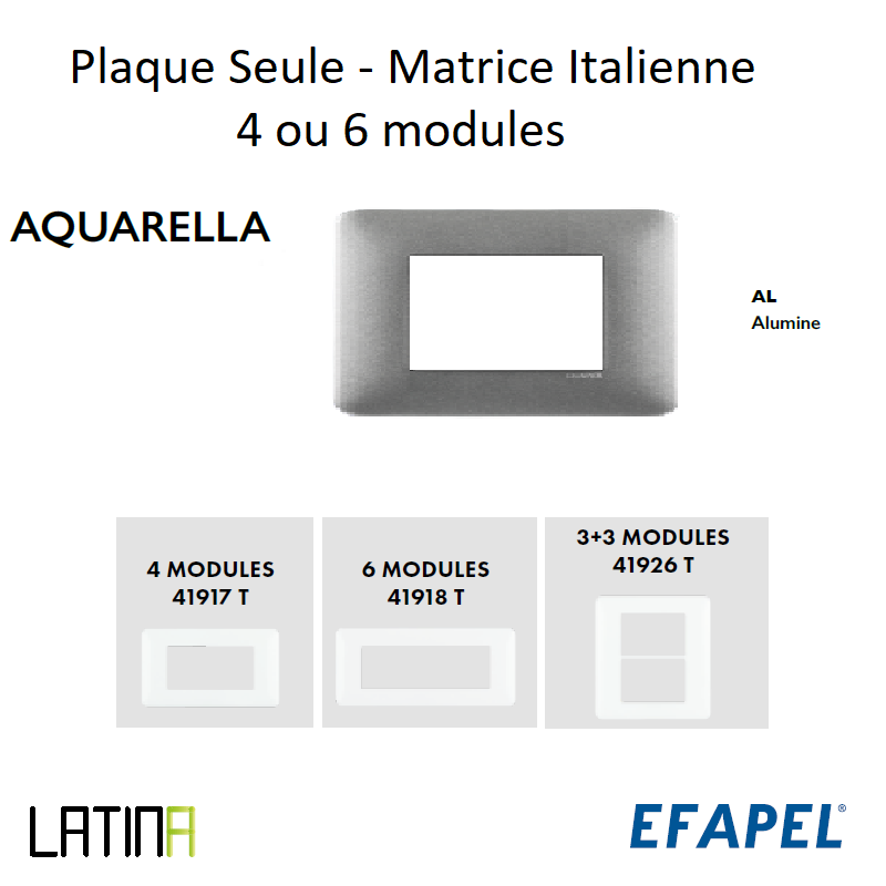 Plaque LATINA Aquarella Matrice Italienne 4 ou 6 Modules - ALUMINE