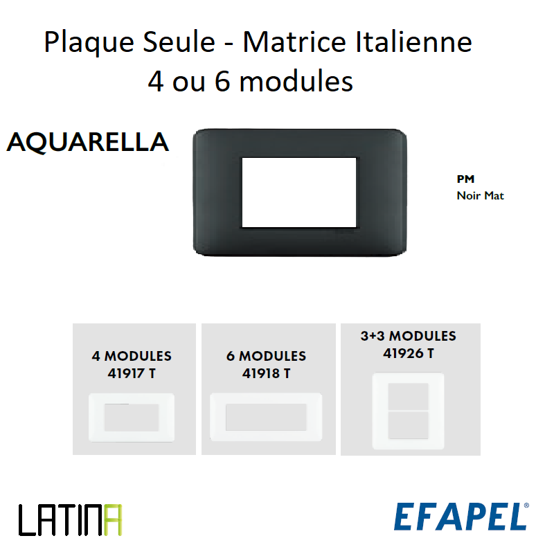 Plaque aquarella matrice italienne 4 ou 6 modules 41917TPM 42918TPM 42926TPM Noir MAT