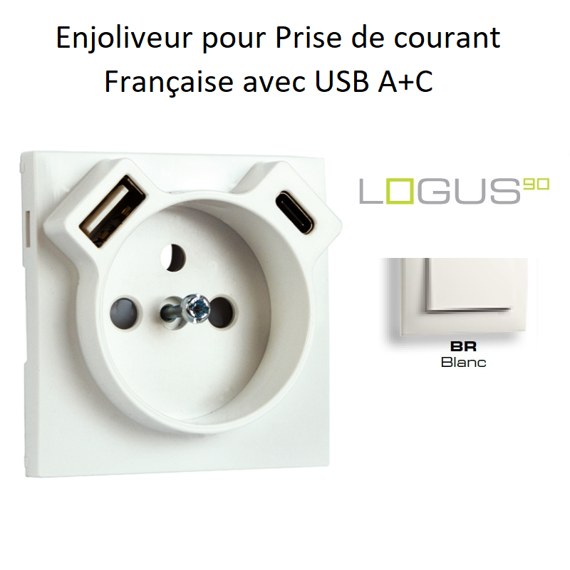 Enjoliveur de Prise de courant Française avec USB A+C LOGUS 90 - BLANC