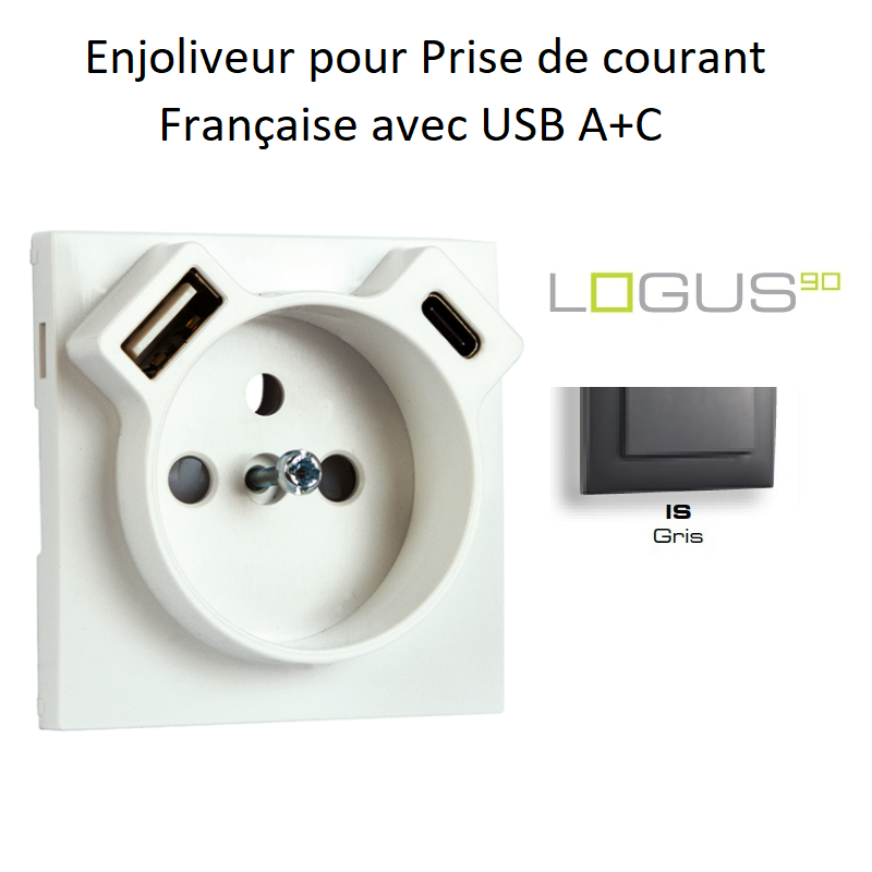 Enjoliveur de Prise de courant Française avec USB A+C LOGUS 90 - GRIS