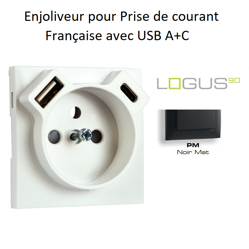 Enjoliveur de Prise de courant Française avec USB A+C - NOIR MAT