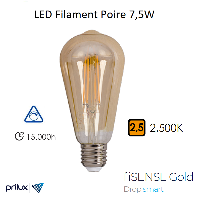 Ampoule LED Filament Poire 7,5W E27 - 2500 kelvin