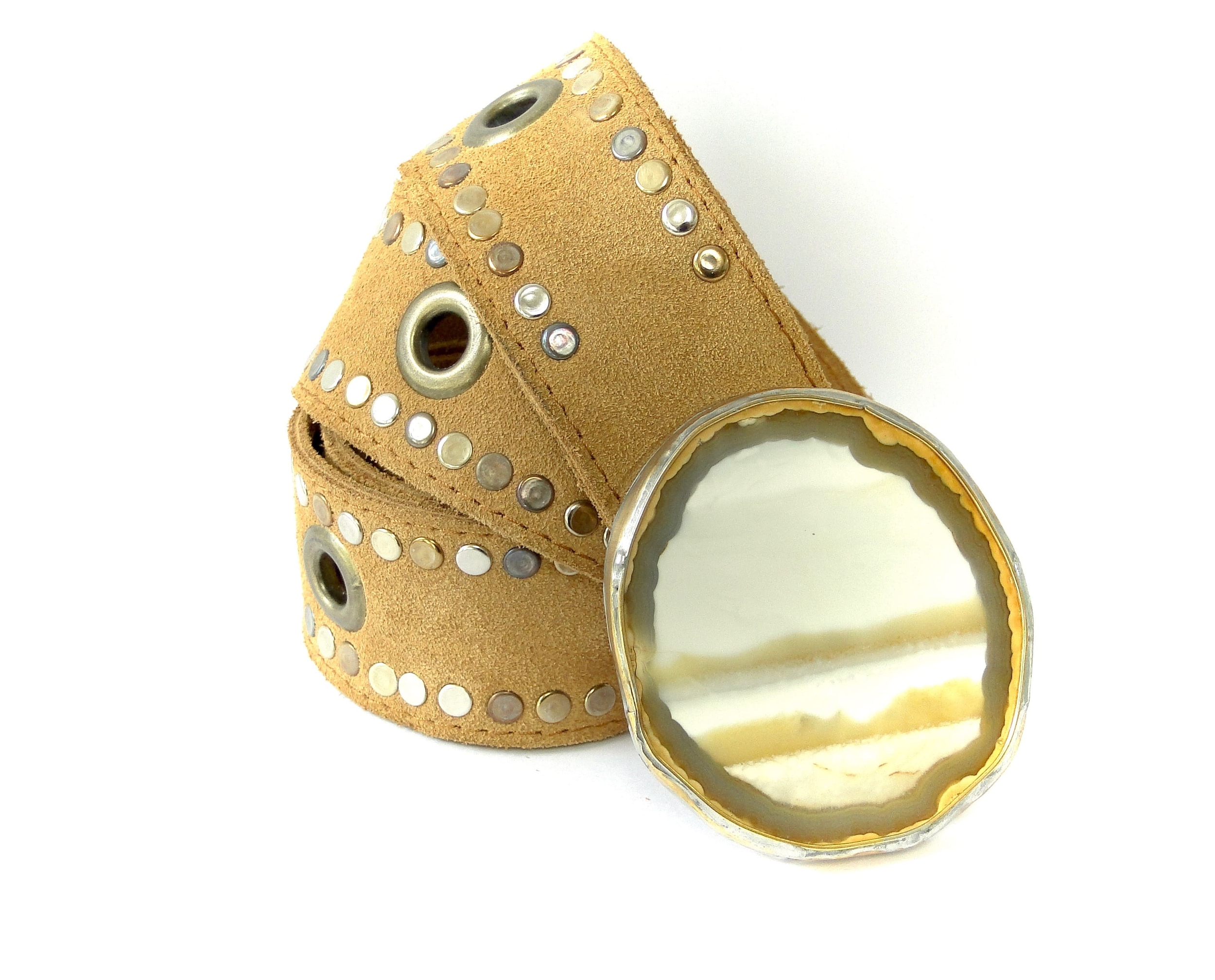 Ceinture cuir retourné camel gold boucle en agate naturelle Marie Lindien — MIKA