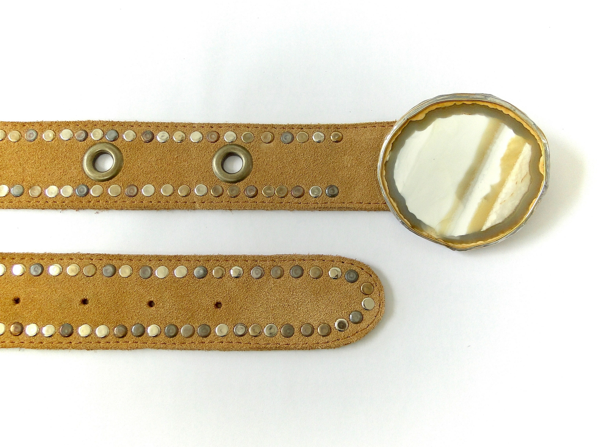 Ceinture cuir retourné camel gold boucle en agate naturelle Marie Lindien — MIKA 3