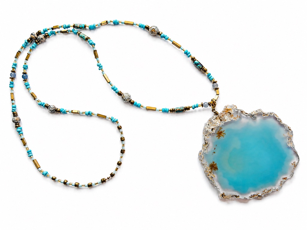 Sautoir LAGUNE pierres naturelles tranche agate turquoise amovible Marie Lindien