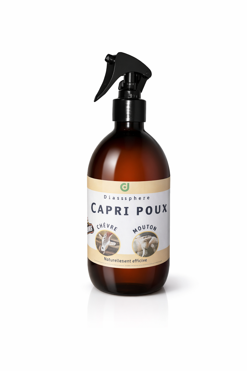 Spray antipoux naturel pour chèvres et moutons, flacon pulvérisateur ambré, traitement externe contre les parasites du pelage.