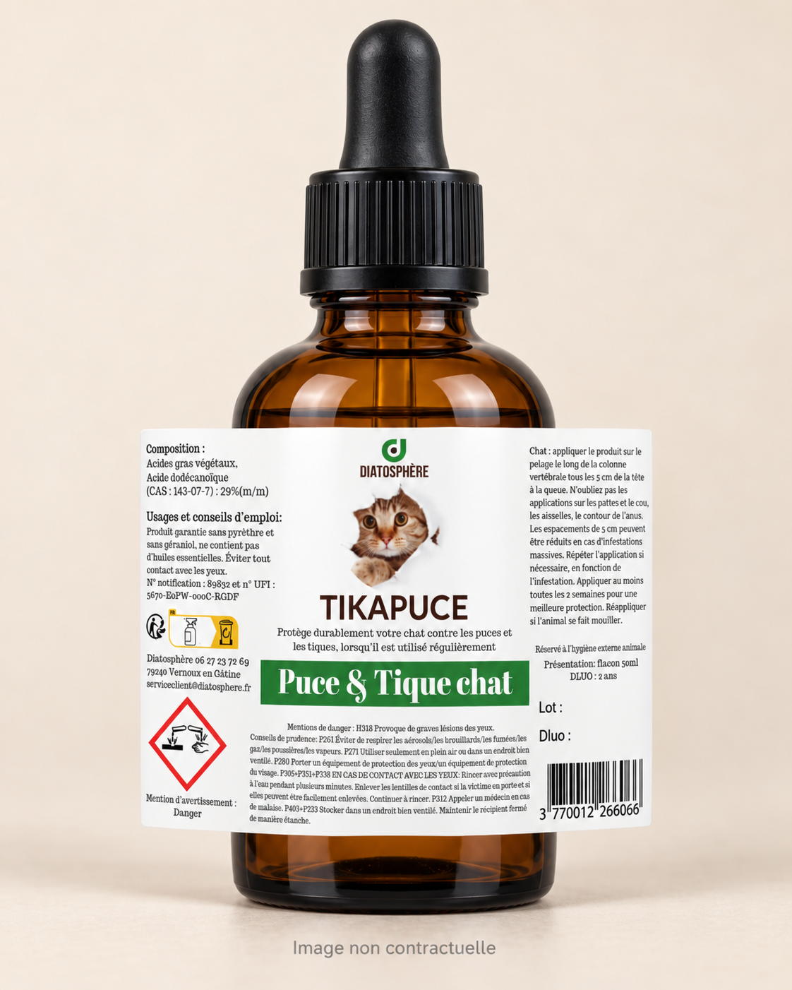 Flacon Tikapuce chat Diatosphère 50 ml en verre ambré sur fond beige, étiquette complète visible, image non contractuelle
