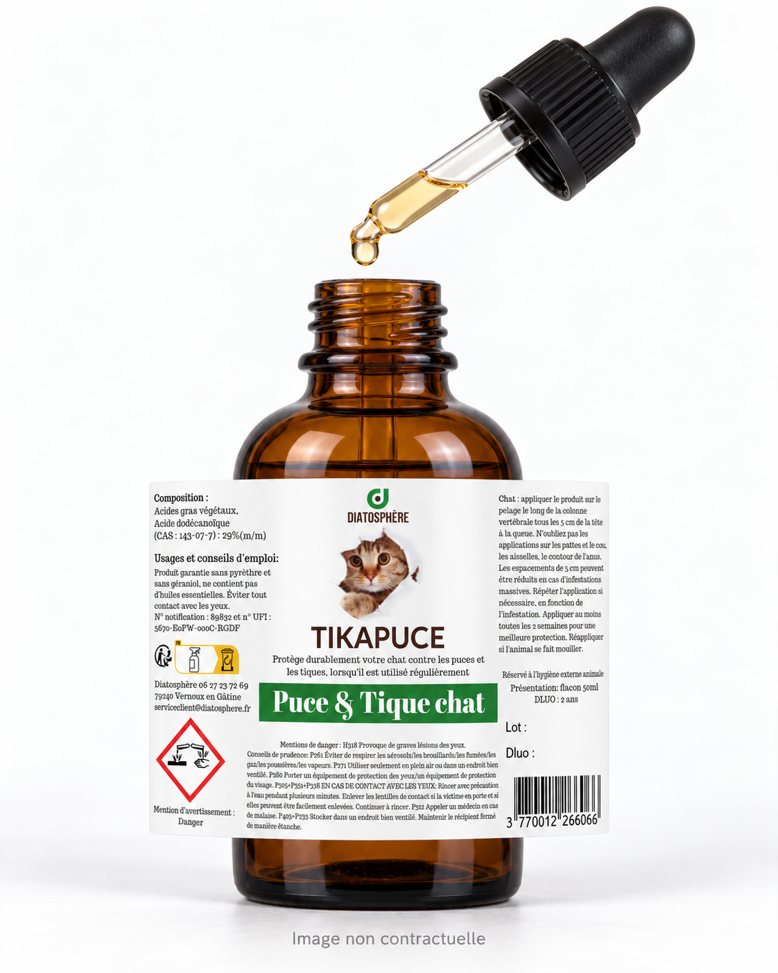 Tikapuce chat Diatosphère avec pipette compte-gouttes ouverte au-dessus du flacon ambré, étiquette visible, image non contractuelle