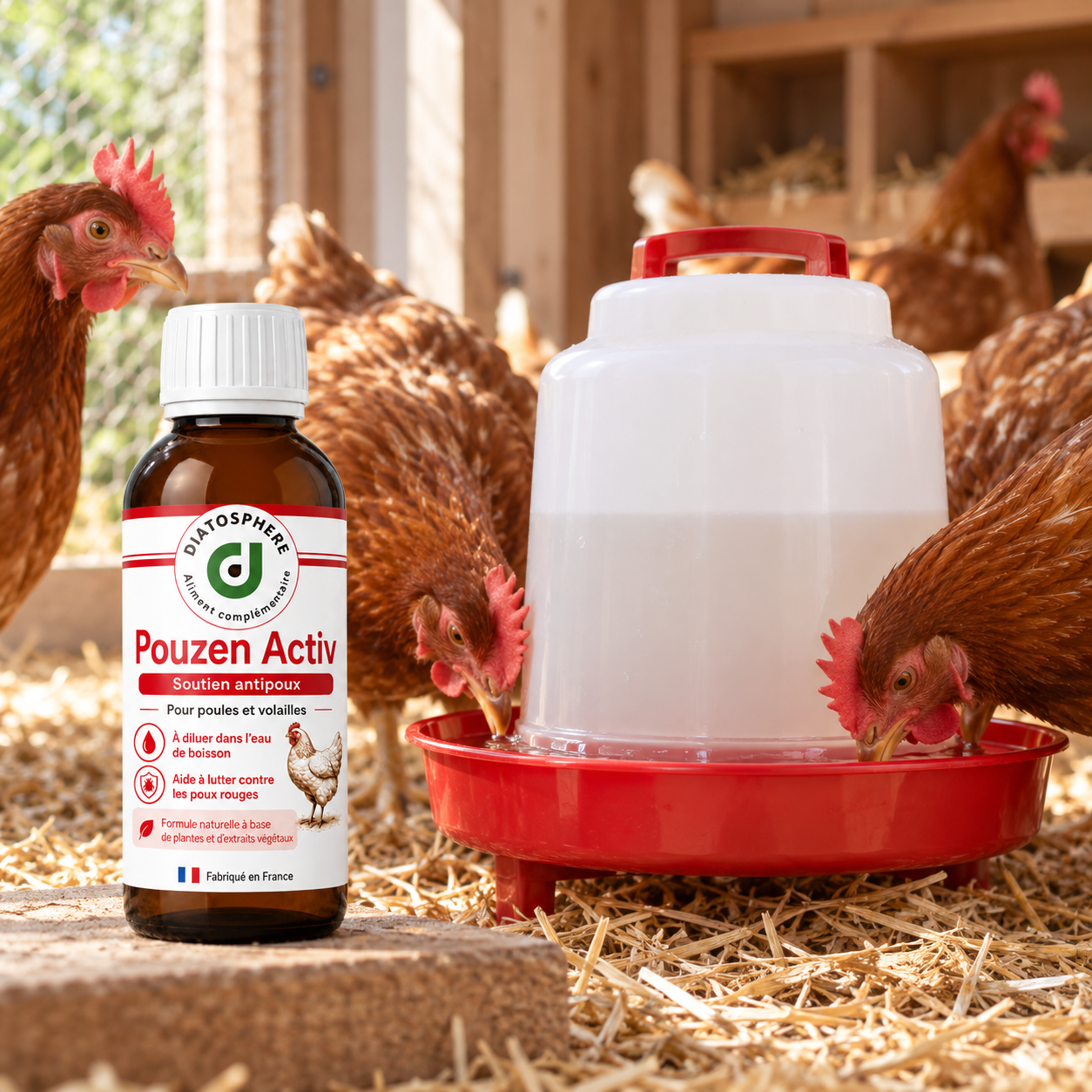 Flacon Pouzen Activ pour poules et volailles présenté en situation dans un poulailler avec abreuvoir