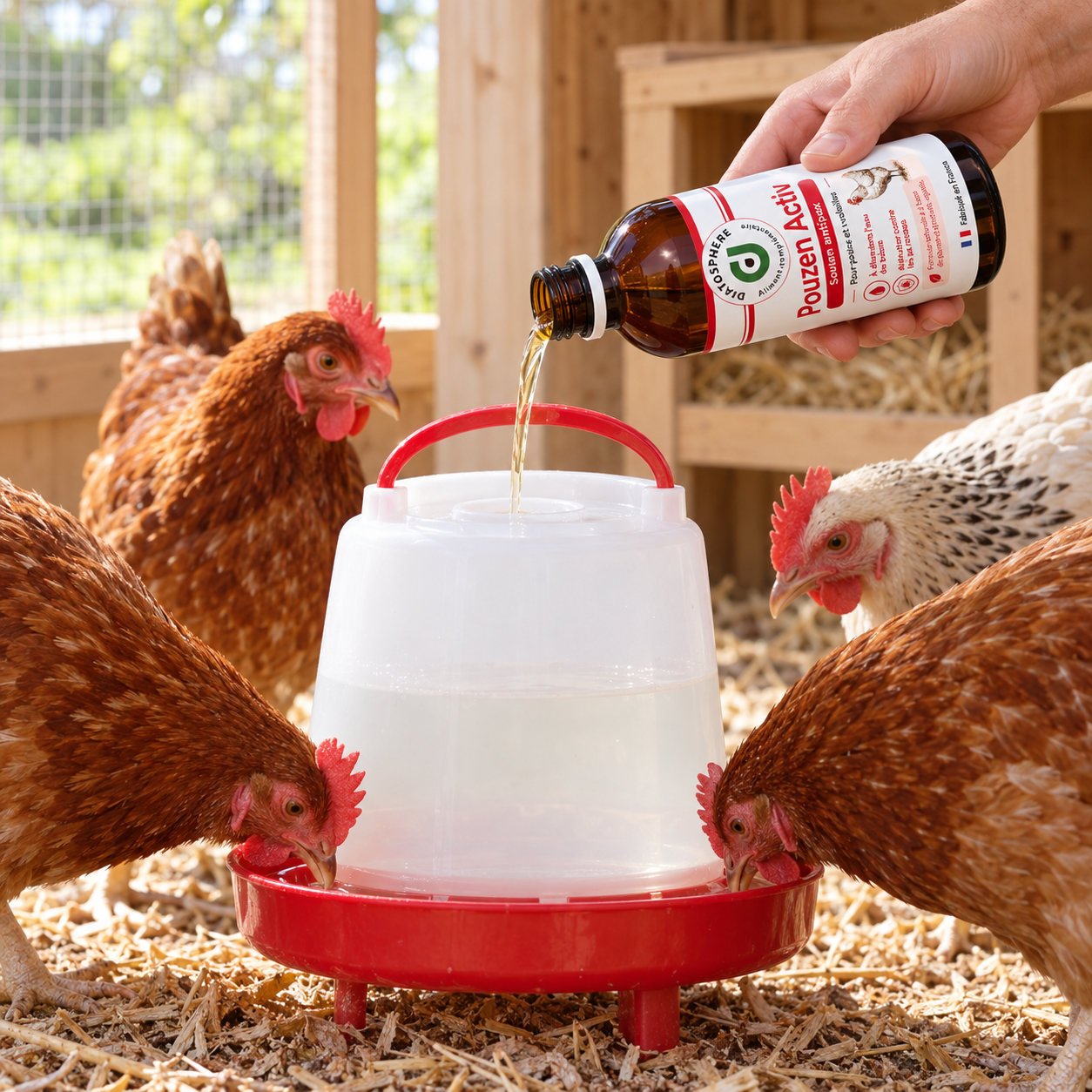 Pouzen Activ versé dans l’abreuvoir des poules pour une utilisation dans l’eau de boisson au poulailler