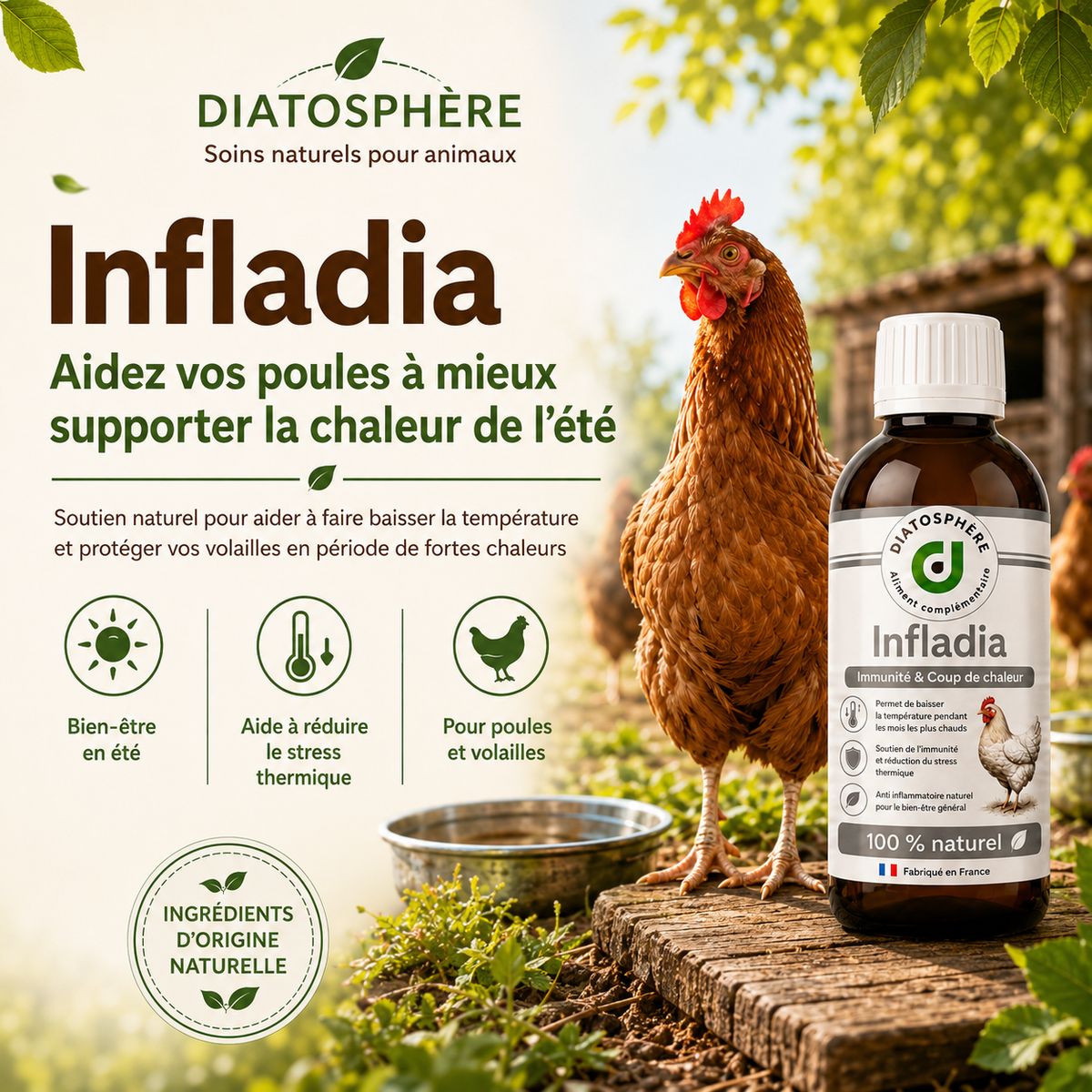 produit infladia qui permet de lutter contre les coups de chaleur et baisse la tempèrature du corps des volailles