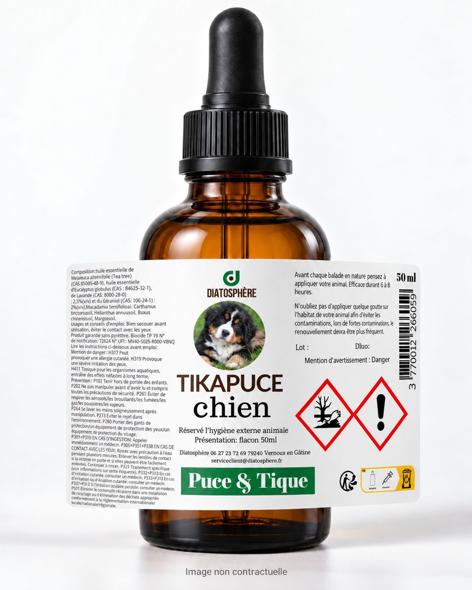 Tikapuce chien Diatosphère 50 ml en flacon verre ambré avec pipette – solution externe puces et tiques