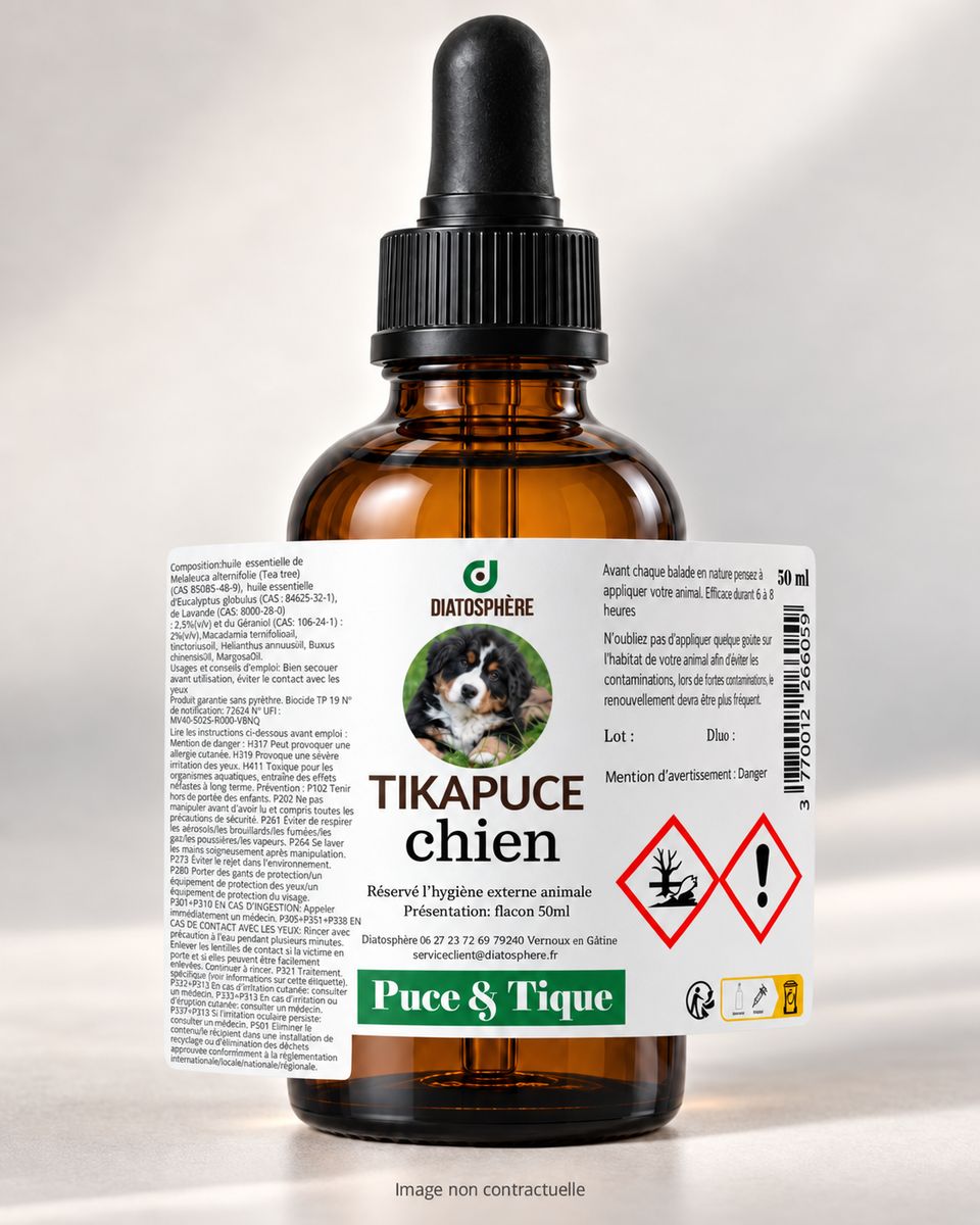 Flacon Tikapuce chien Diatosphère 50 ml en verre ambré avec compte-gouttes sur fond beige