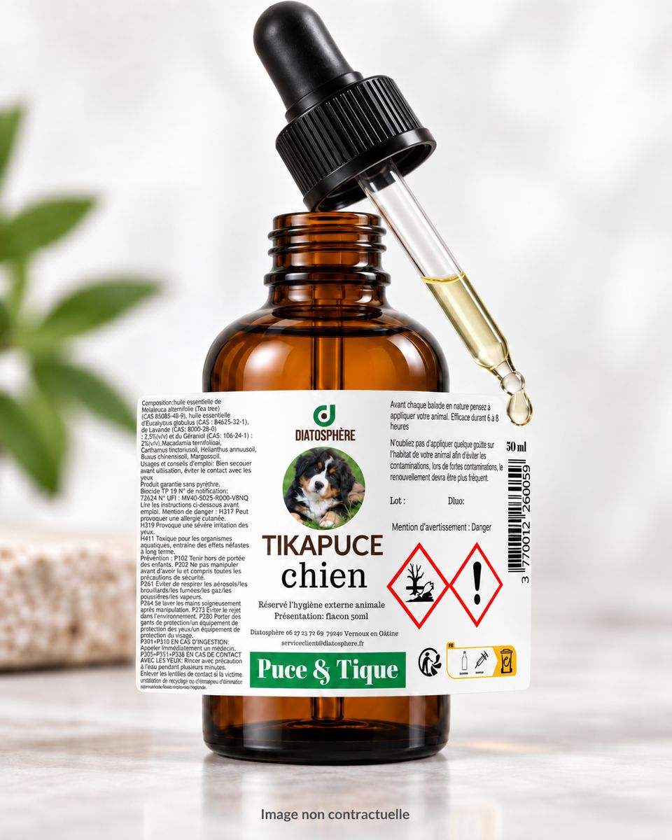 Tikapuce chien Diatosphère avec pipette compte-gouttes – soin externe aux huiles essentielles contre puces et tiques