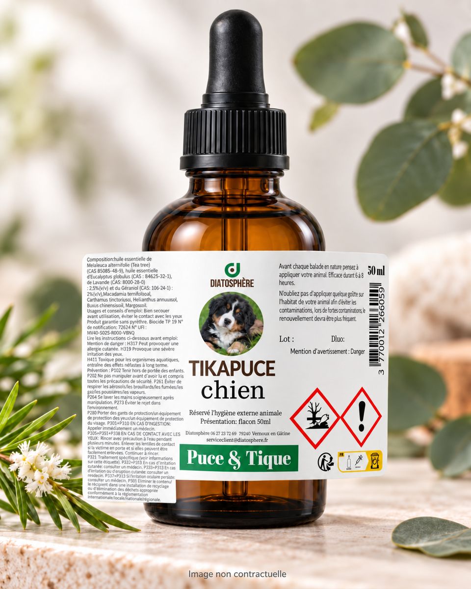 Tikapuce chien Diatosphère 50 ml en flacon ambré avec décor végétal