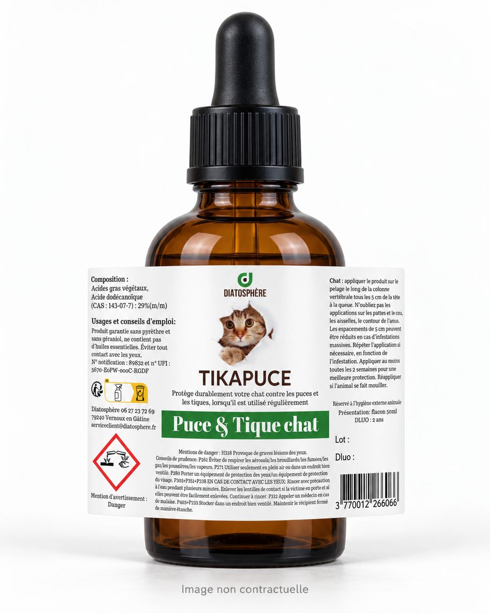 Tikapuce chat Diatosphère en flacon pipette verre ambré 50 ml sur fond clair, étiquette visible, image non contractuelle
