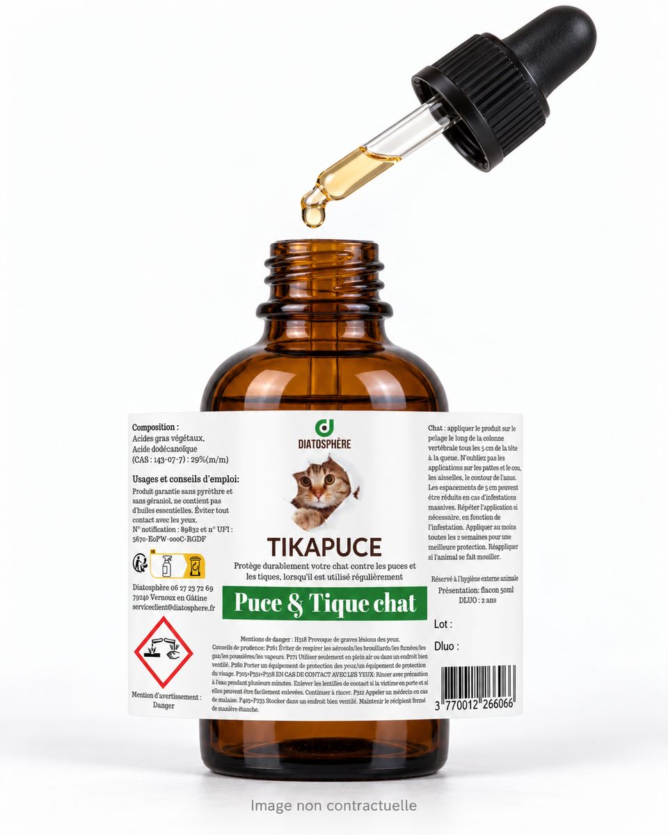 Tikapuce chat Diatosphère avec pipette ouverte au-dessus du flacon ambré, étiquette visible, image non contractuelle