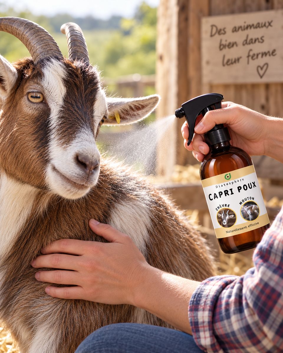 Application du spray Capri Poux Diatosphère sur une chèvre à la ferme