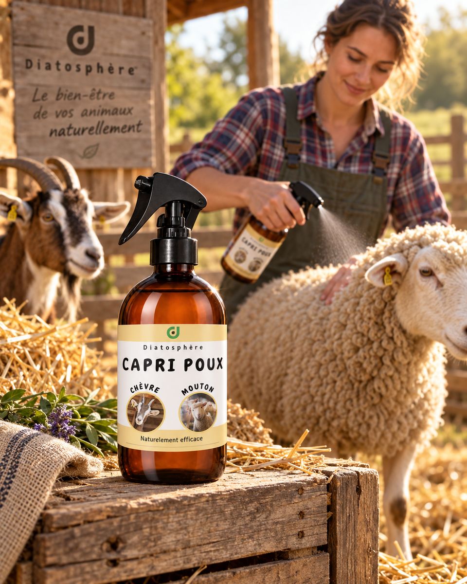 Flacon Capri Poux Diatosphère au premier plan pendant l’application du spray sur un mouton