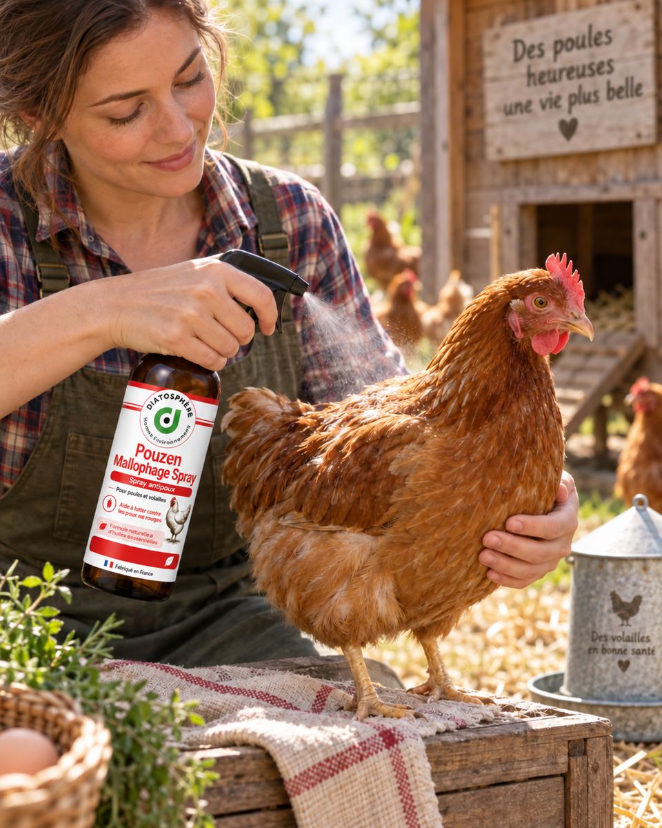 Application du spray Pouzen Mallophage sur une poule
