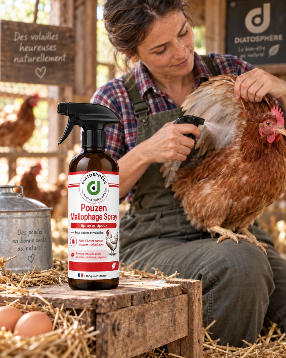Pouzen Mallophage Spray Diatosphère appliqué sur une poule blanche dans un poulailler